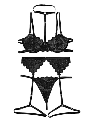 Floral lace Underwire Bra Set, Black (size L)