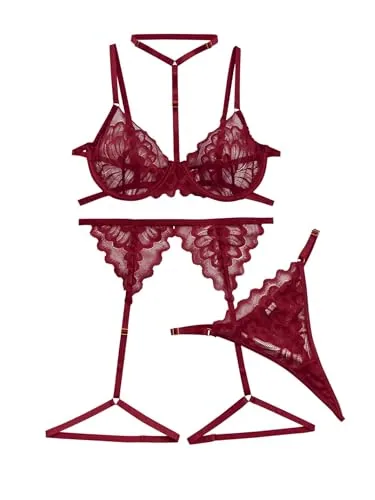 Floral lace Underwire Bra Set, Wine Red (size M)
