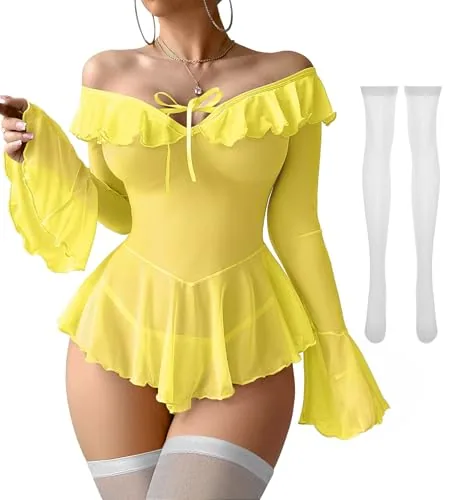 Sheer Ruffled Babydoll, Yellow