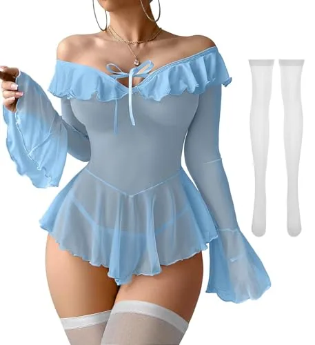 Sheer Ruffled Babydoll, Light Blue (size M)