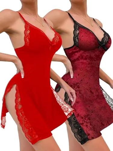 Floral lace Side split Babydoll, Red