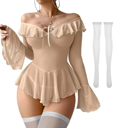 Sheer Ruffled Babydoll, Beige