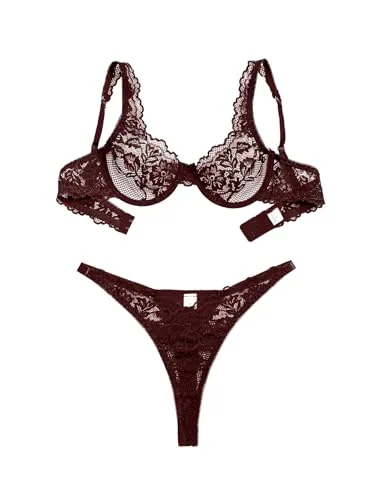 Floral lace Underwire Lingerie Set, Wine Red