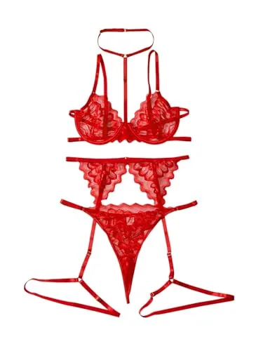 Floral lace Underwire Bra Set, Red