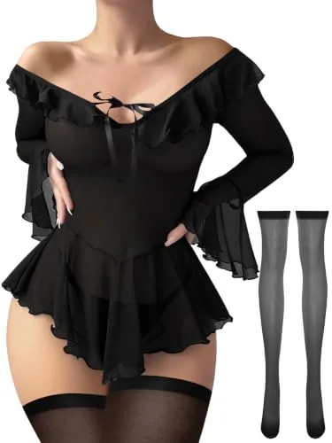 Sheer Ruffled Babydoll, Black (size M)