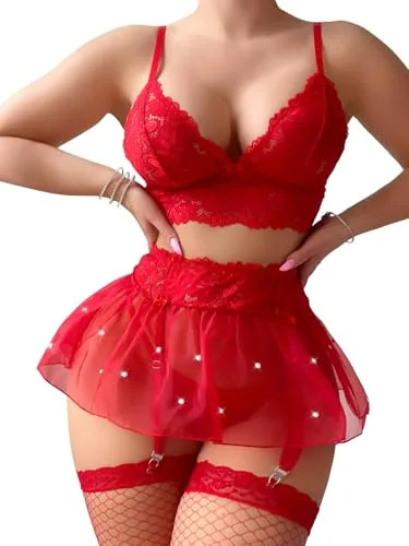 Mesh Lingerie Set, Red