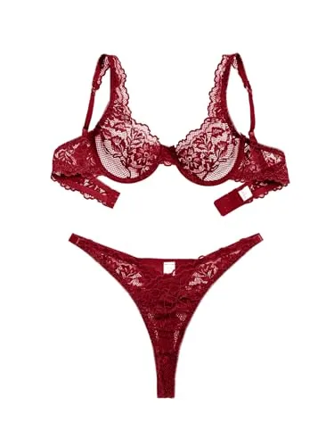 Floral lace Underwire Lingerie Set, Burgundy Red (size 3XL)