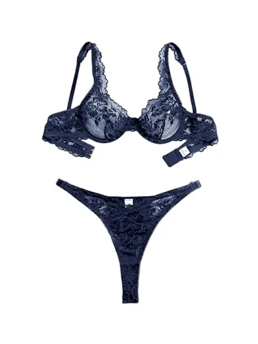 Floral lace Underwire Lingerie Set, Navy Blue