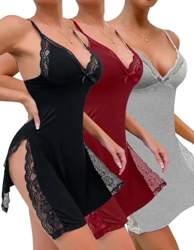 Floral lace Side split Babydoll, Burgundy Red (size L, 3 pieces)