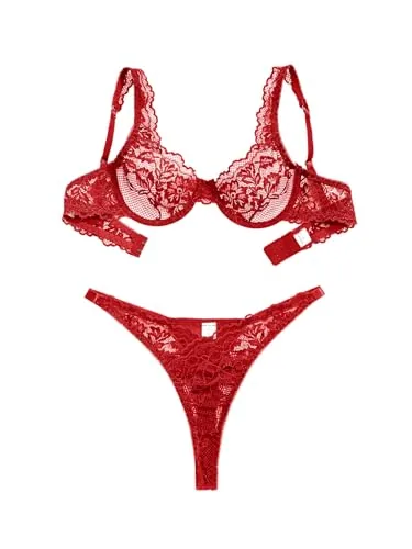 Floral lace Underwire Lingerie Set, Red